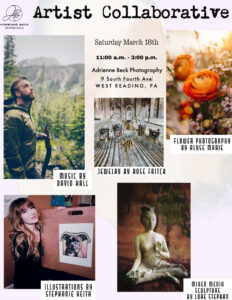 Artist Collaborative with jewelry by Rose Fritch, music by David Hall, Flower Photography by Alyse Marie, Illustrations by Stephanie Heita, Mixed Media Sculptures by Lore Stephan.